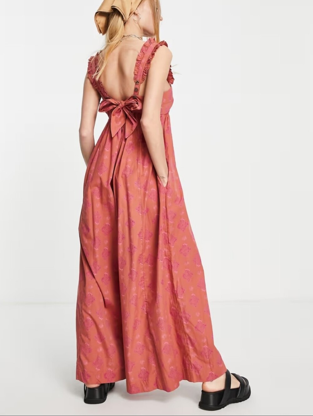 FREE PEOPLE Katya Rose Print Ruffle Strap Empire Waist Wide Leg Jumpsuit Size XS - Picture 2 of 9